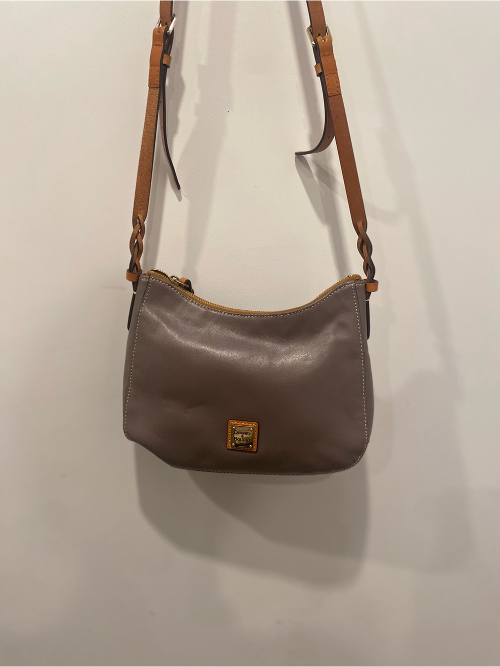 Dooney & Bourke Taupe Leather Crossbody with Tan Strap and Gold Logo
